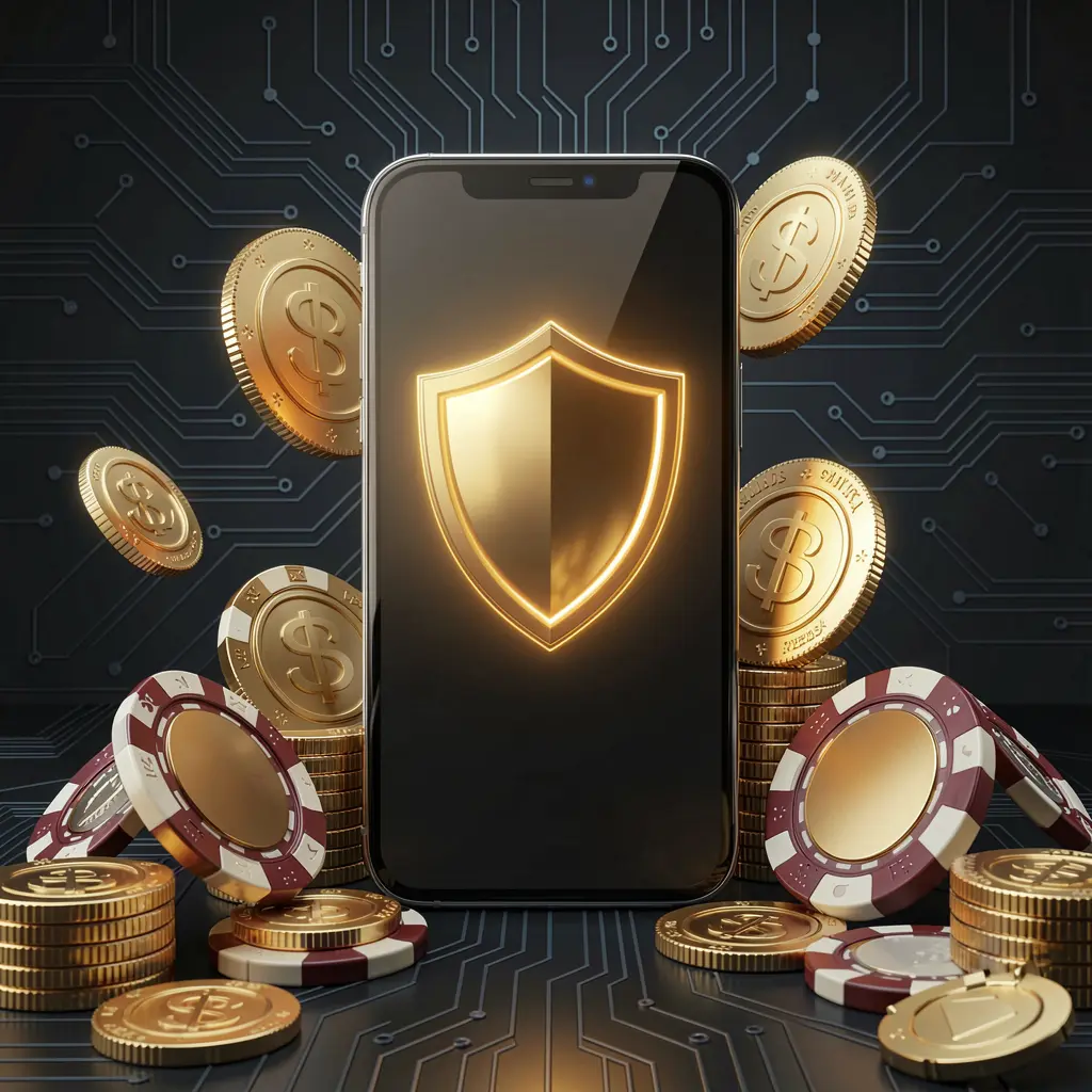 HH9999 secure mobile casino app concept showing a smartphone with a glowing shield icon surrounded by golden coins and chips on a dark luxury cyber background in a realistic 3D render