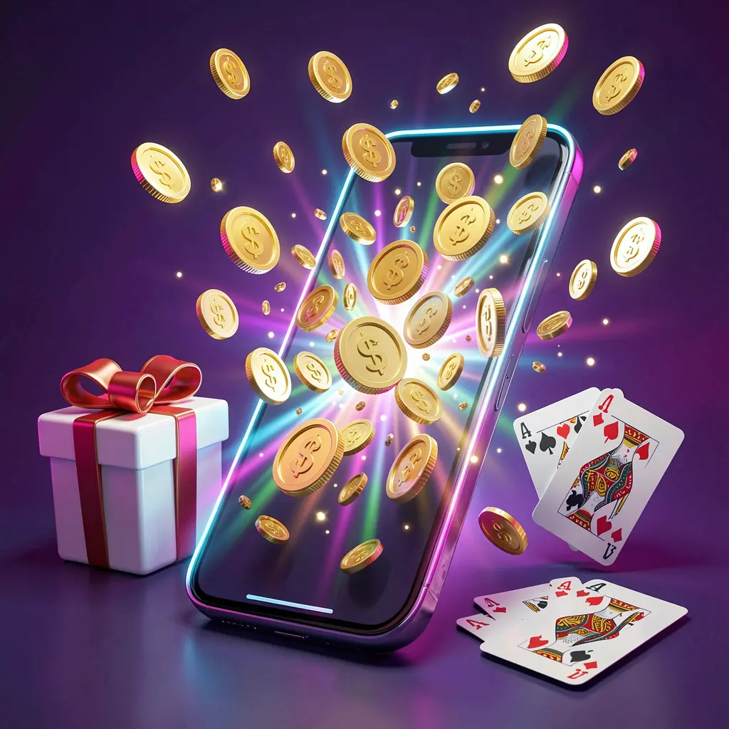 HH9999 mobile casino bonus banner featuring a smartphone with coins bursting from the screen, a gift box and playing cards nearby, all illuminated by a bright neon glow in a premium realistic 3D render