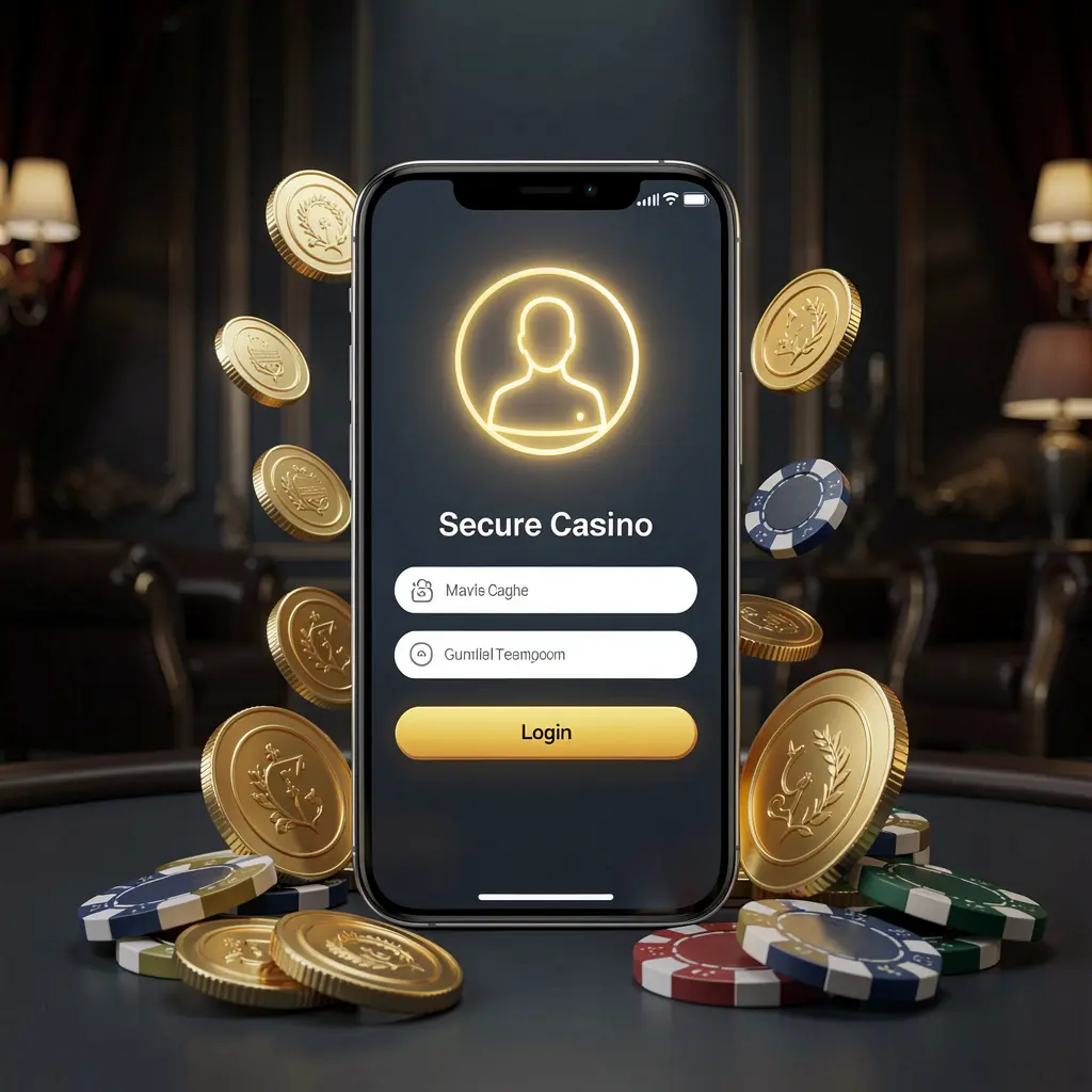 HH9999 online casino login page hero banner showing a modern smartphone with a secure login screen, glowing user profile icon, golden coins and poker chips around it on a dark luxury background