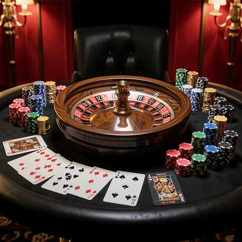 HH9999 online casino platform hero image featuring an elegant gaming table with roulette, blackjack cards, poker chips, and coins under luxury cinematic lighting with a black and red background
